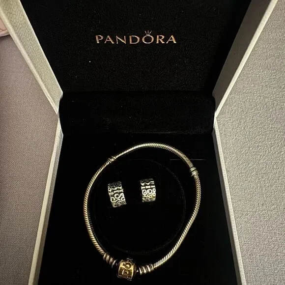 Authentic Pandora *14k* Gold and Silver Charm Bracelet -includes 2 Swirl Spacers